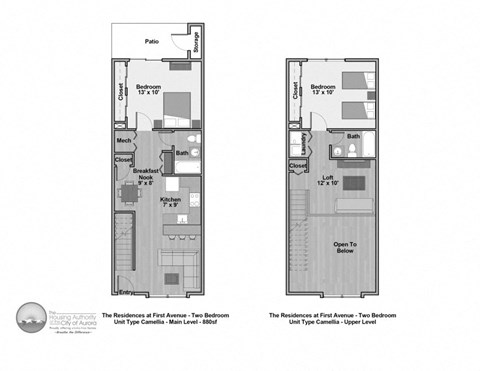 Floor plan for 2 beds, 2 baths, 880 sqft